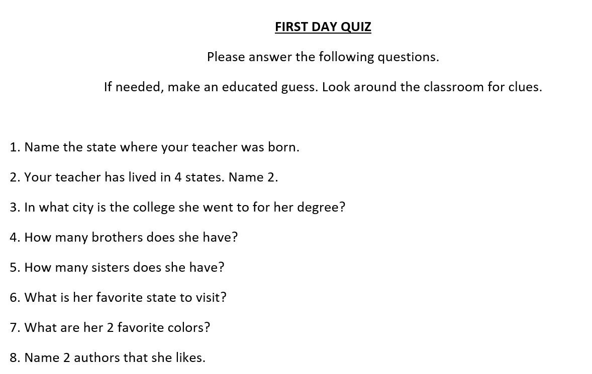 First Day Quiz image, link with full text in blog